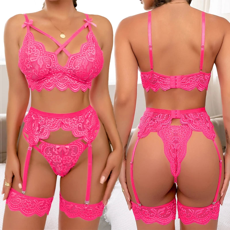 Ensemble de lingerie 3 pièces ultra sexy avec jarretières, string et soutien-gorge fleuris